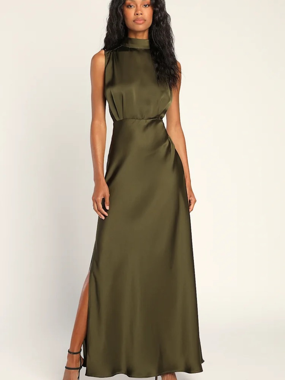 Lulus Classic Elegance Olive Satin Sleeveless Mock Neck Maxi Dress- MEDIUM